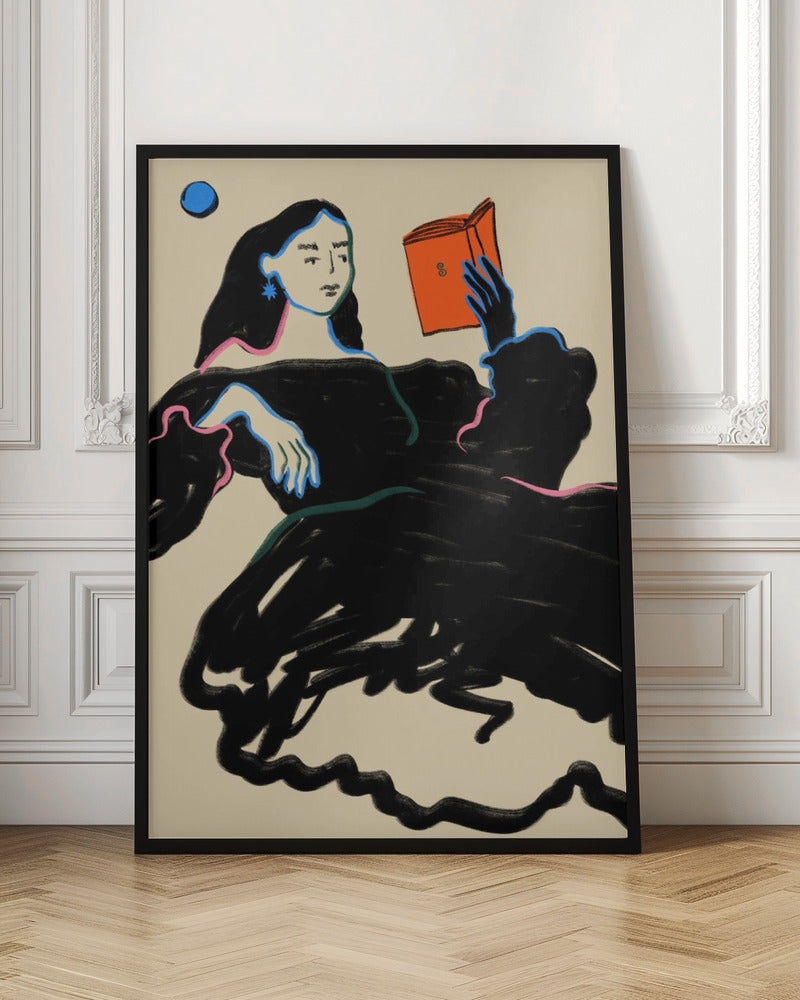 A stylized illustration of a woman with long black hair wearing a voluminous black dress, outlined in blue and pink. She is reclining while reading a bright orange book, set against a cream-colored background with a blue circle in the corner. Print