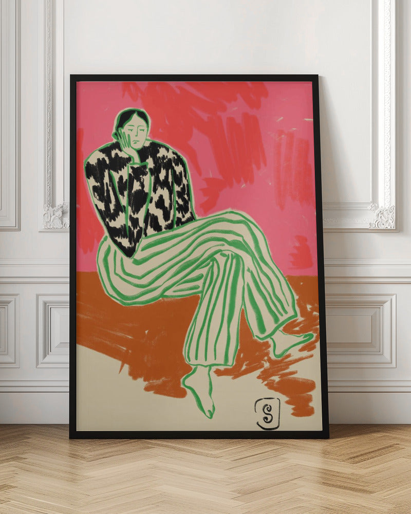 A colorful, stylized illustration of a person sitting in a relaxed, thoughtful pose with their head resting on their hand. They are wearing a black and white cow-patterned shirt and loose green-and-white striped pants. The background is a vibrant abstract blend of pink and red. Artwork