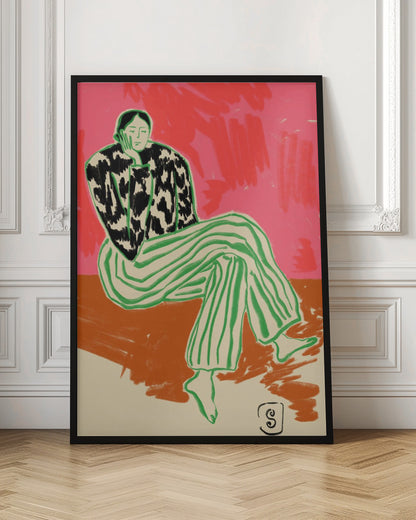 A colorful, stylized illustration of a person sitting in a relaxed, thoughtful pose with their head resting on their hand. They are wearing a black and white cow-patterned shirt and loose green-and-white striped pants. The background is a vibrant abstract blend of pink and red. Artwork