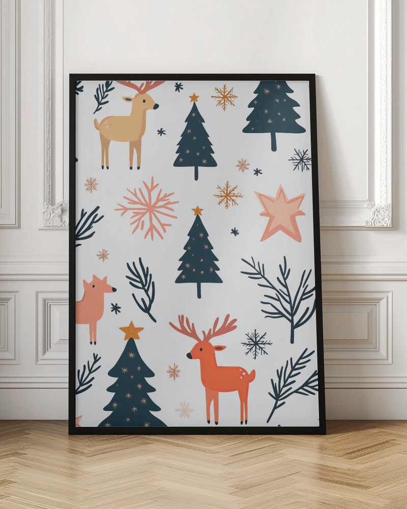 A festive holiday pattern on a white background featuring stylized illustrations of dark teal Christmas trees, orange and beige reindeer, and snowflakes in shades of orange and teal. Decor