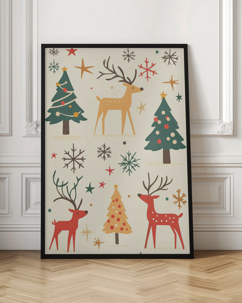 A retro-style holiday illustration featuring stylized red and tan reindeer, green and yellow Christmas trees, and various colorful snowflakes and stars scattered across a cream background. Artwork
