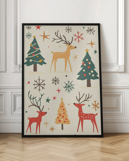 A retro-style holiday illustration featuring stylized red and tan reindeer, green and yellow Christmas trees, and various colorful snowflakes and stars scattered across a cream background. Artwork