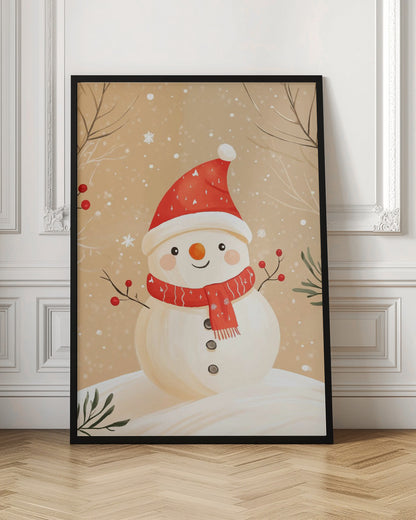 A watercolor-style illustration of a cute, smiling snowman wearing a red Santa hat and a matching red scarf. The snowman has stick arms with red berries, a carrot nose, and is set against a tan background with falling snow and bare branches. Decor