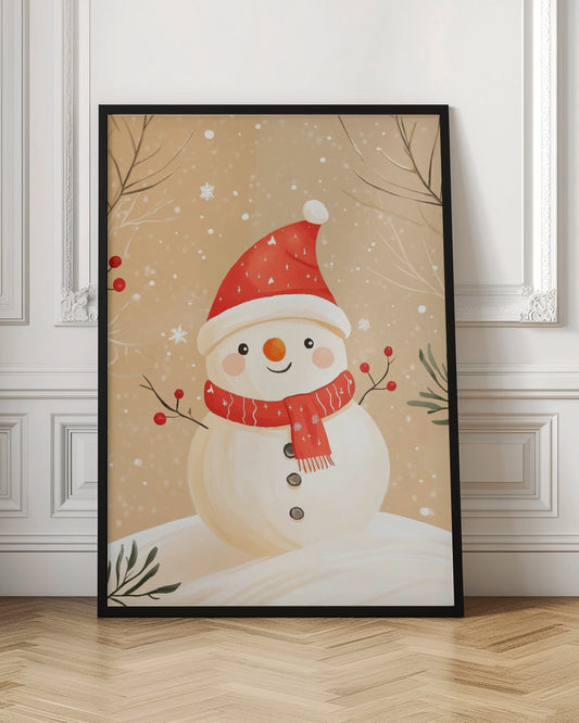 A watercolor-style illustration of a cute, smiling snowman wearing a red Santa hat and a matching red scarf. The snowman has stick arms with red berries, a carrot nose, and is set against a tan background with falling snow and bare branches. Decor