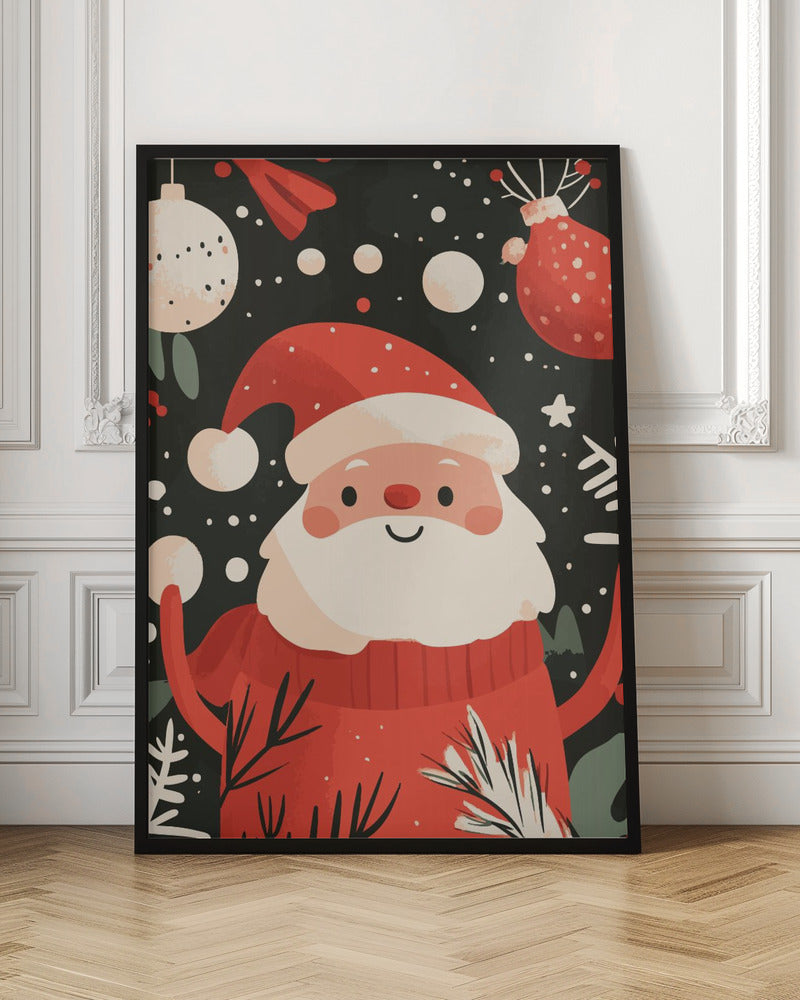 A charming, cartoon-style illustration of a smiling Santa Claus in a red sweater and hat, set against a dark, snowy background with festive ornaments and foliage. Decor