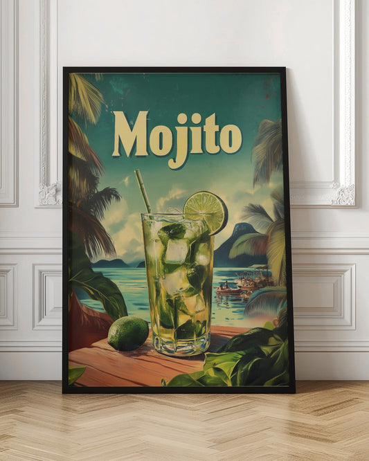 A vintage-style travel poster advertising a Mojito. A tall glass filled with the cocktail, ice, mint, and a lime wedge sits on a wooden table overlooking a tropical beach with palm trees and turquoise water. The word 'Mojito' is written in large, cream-colored letters at the top. Print