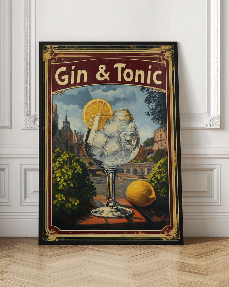 A vintage-style advertisement poster for 'Gin & Tonic'. In the foreground, a large balloon glass filled with ice and a lemon slice sits on a brick ledge overlooking a European cityscape with a river. A whole lemon rests beside the glass. The poster has a decorative red and gold border. Decor