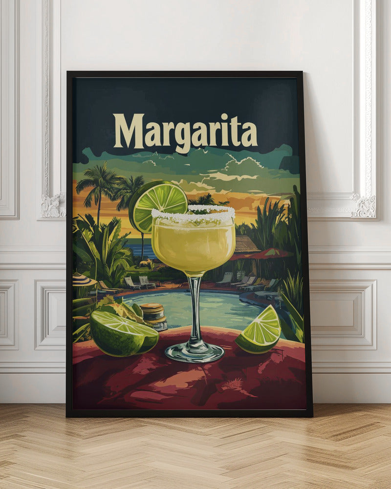 A vintage-style travel poster featuring a close-up of a salt-rimmed margarita cocktail with a lime garnish. The background depicts a scenic tropical resort at sunset with a pool, palm trees, and the ocean. The word 'Margarita' is written in a large, cream-colored font at the top. Artwork