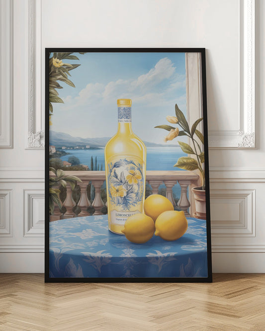 A vintage-style painting of a bottle of limoncello and three fresh lemons on a blue patterned tablecloth. The scene is set on a balcony with a stone balustrade, overlooking a serene blue sea and a picturesque coastal town under a bright sky. Poster