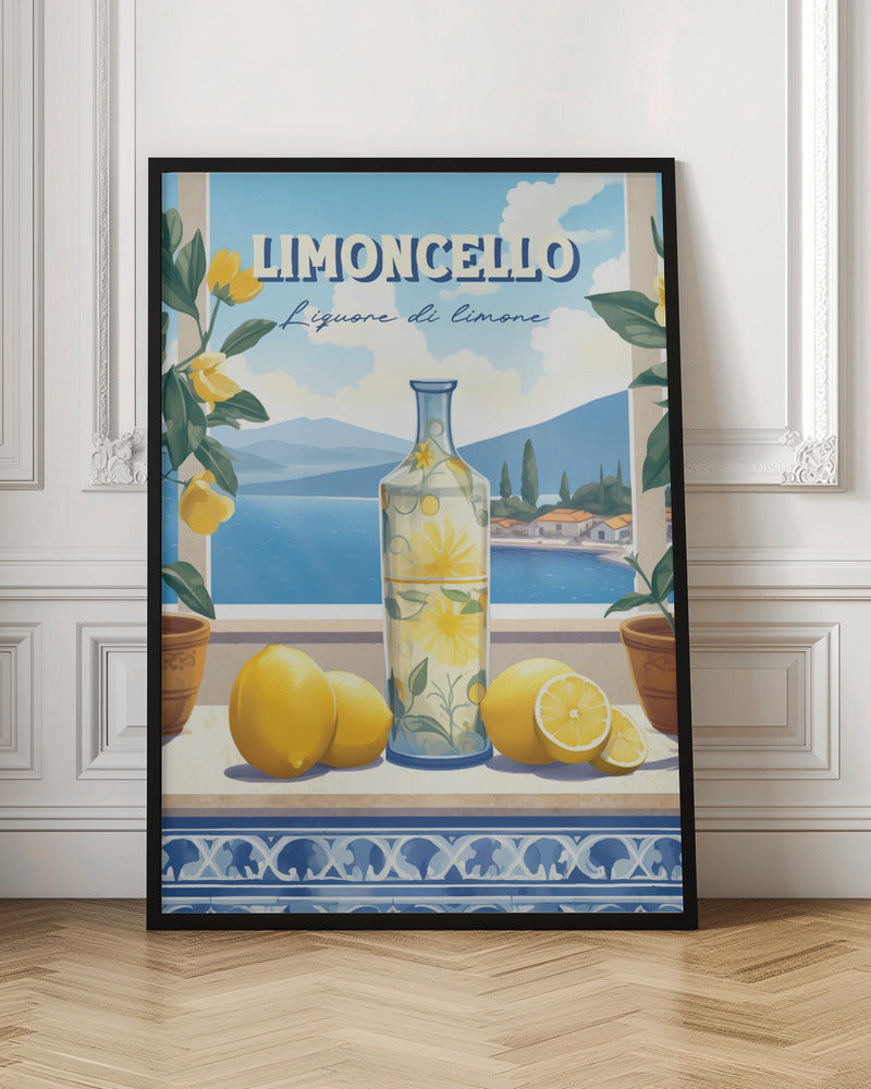 A vintage-style art print advertising Limoncello. A decorative bottle and fresh lemons sit on a tiled ledge overlooking a scenic Italian coastal village and blue sea, framed by lemon branches. Artwork