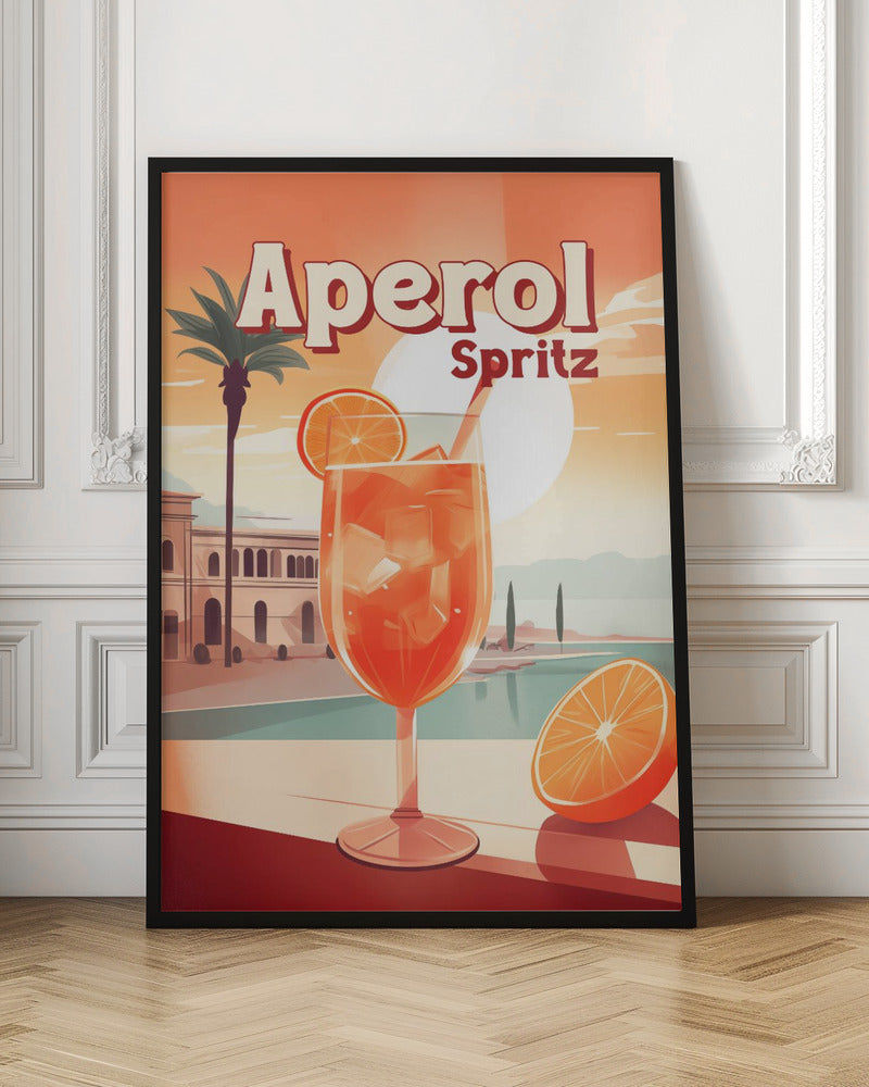 A vintage-style travel poster advertising Aperol Spritz. A large, inviting glass of the bright orange cocktail filled with ice and garnished with an orange slice sits in the foreground. The background features a sunny, idyllic Mediterranean scene with a palm tree, classic buildings, and a serene body of water under a large, pale sun. Wall Art