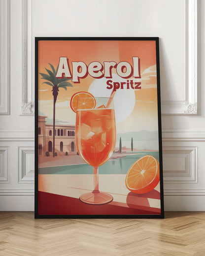 A vintage-style travel poster advertising Aperol Spritz. A large, inviting glass of the bright orange cocktail filled with ice and garnished with an orange slice sits in the foreground. The background features a sunny, idyllic Mediterranean scene with a palm tree, classic buildings, and a serene body of water under a large, pale sun. Wall Art