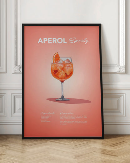 A minimalist art poster for an Aperol Spritz cocktail, featuring a detailed illustration of the vibrant orange drink in a wine glass, garnished with an orange slice. The poster has a salmon-pink background with the recipe's ingredients and preparation instructions at the bottom in a stylized white font. Print