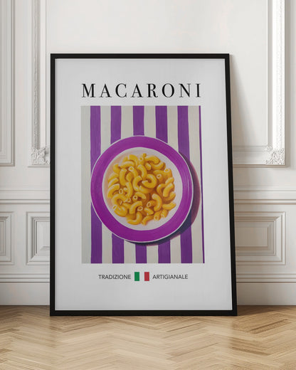 A framed art print of a modern painting depicting a purple plate of macaroni pasta. The plate is centered on a background of bold purple and white vertical stripes. The word 'MACARONI' is written in a large, black serif font at the top. At the bottom, the words 'TRADIZIONE' and 'ARTIGIANALE' are separated by a small Italian flag. Poster
