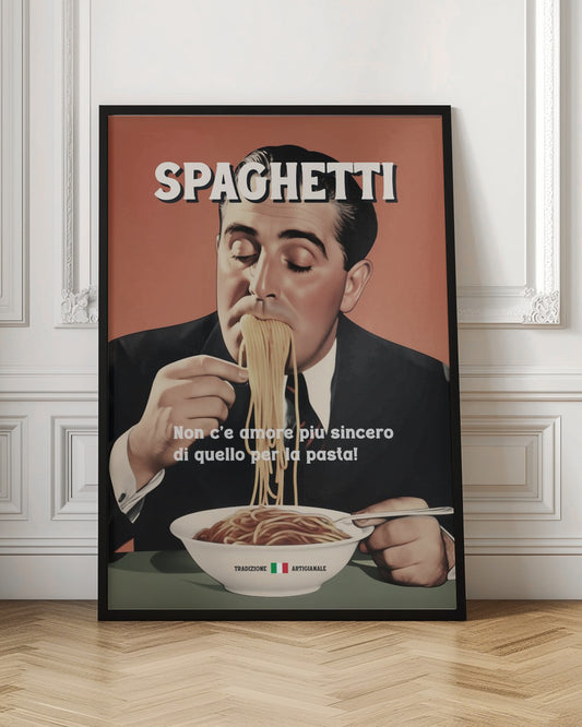 A vintage-style illustrated poster of a man in a suit with his eyes closed, blissfully eating a large mouthful of spaghetti from a white bowl. The word 'SPAGHETTI' is at the top, and Italian text is written over the bowl against a salmon-colored background. Print