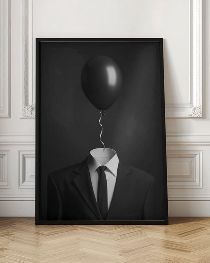 A surreal black and white photograph of a man's suit and tie with a single black balloon floating where the head should be. The curly ribbon from the balloon descends into the white shirt collar. Decor