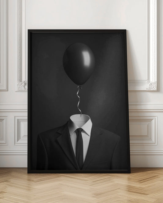 A surreal black and white photograph of a man's suit and tie with a single black balloon floating where the head should be. The curly ribbon from the balloon descends into the white shirt collar. Decor