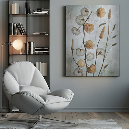 A delicate botanical still life photograph featuring dried Chinese lantern plants and various grasses against a textured, muted sage green background. Some of the lantern husks are solid and papery brown, while others are skeletal, showing the intricate vein structure. Print
