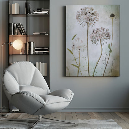 A framed botanical artwork featuring a variety of delicate wildflowers, including several large, round, light pink allium heads with dark centers, on long slender stems against a pale, textured green and beige background. Decor