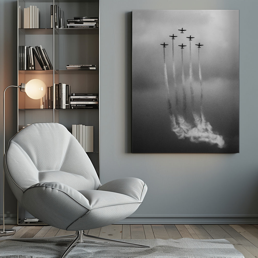A grainy black and white photo of six airplanes flying in a V-formation against a cloudy sky. Each plane leaves a long, white smoke trail that billows at the bottom of the frame. The image is presented within a black border. Print