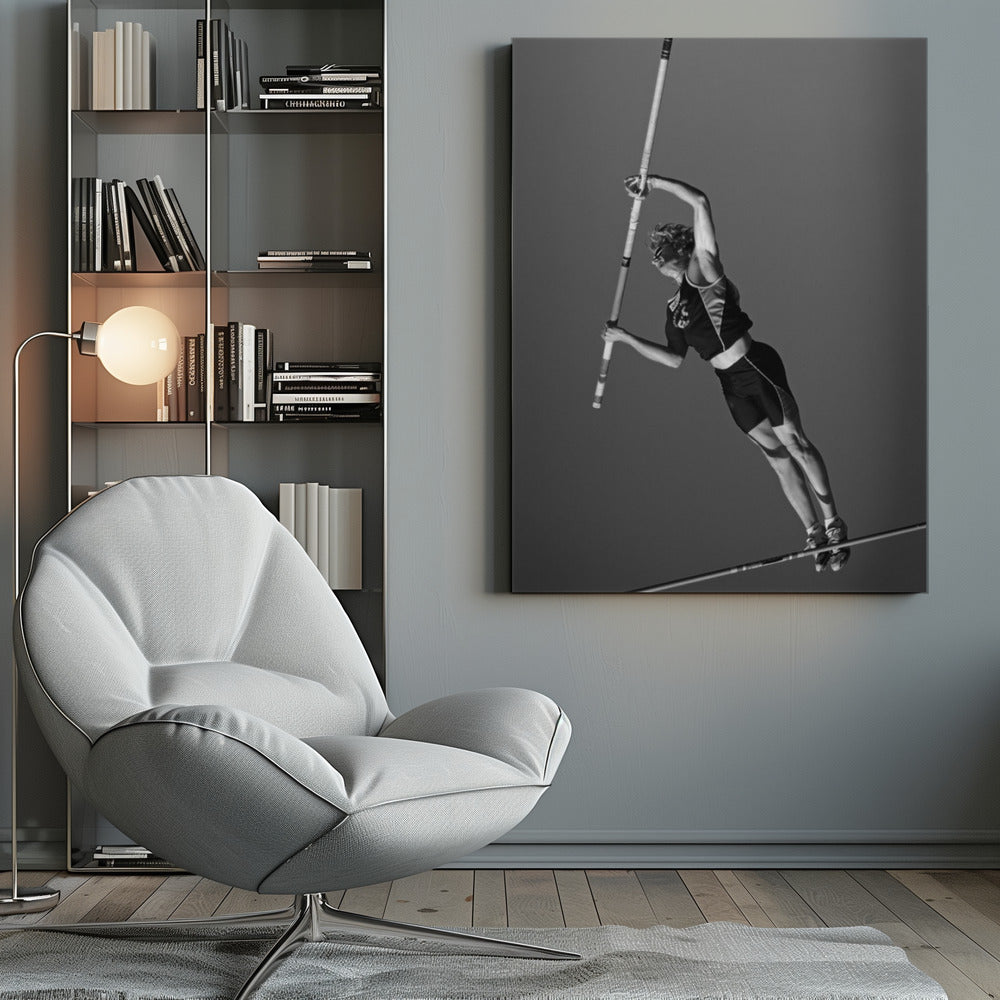 A dynamic black and white, low-angle shot of a female pole vaulter in mid-action. She is suspended in the air, gripping the pole as she prepares to clear the high bar, with her muscular form silhouetted against a plain sky. Print