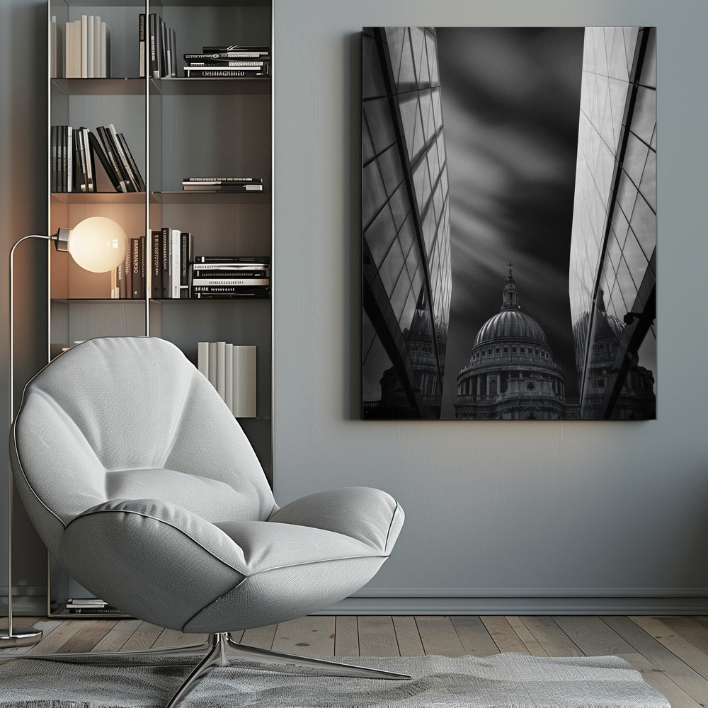 A dramatic black and white, low-angle photograph of St. Paul's Cathedral in London, framed between two modern, reflective glass skyscrapers. A long exposure effect blurs the clouds in the sky, creating streaks of light and shadow behind the cathedral's dome. Poster