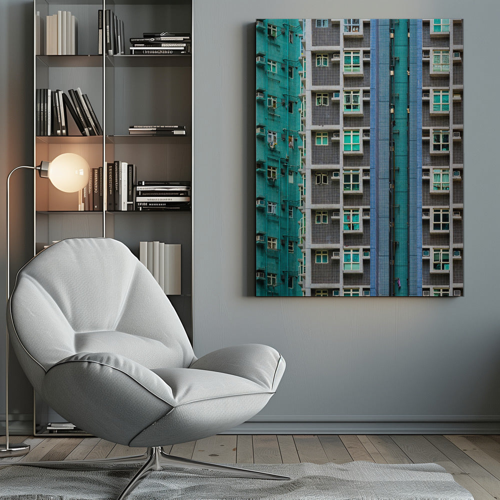 A striking close-up of two densely packed apartment buildings, one with a teal tiled facade and the other with a grey and blue tiled facade, creating a strong pattern of repeating windows and geometric lines. Decor