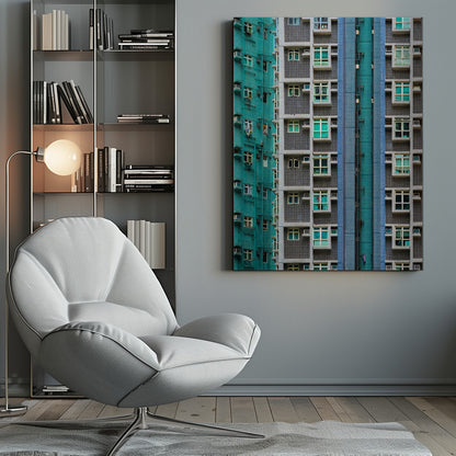 A striking close-up of two densely packed apartment buildings, one with a teal tiled facade and the other with a grey and blue tiled facade, creating a strong pattern of repeating windows and geometric lines. Decor
