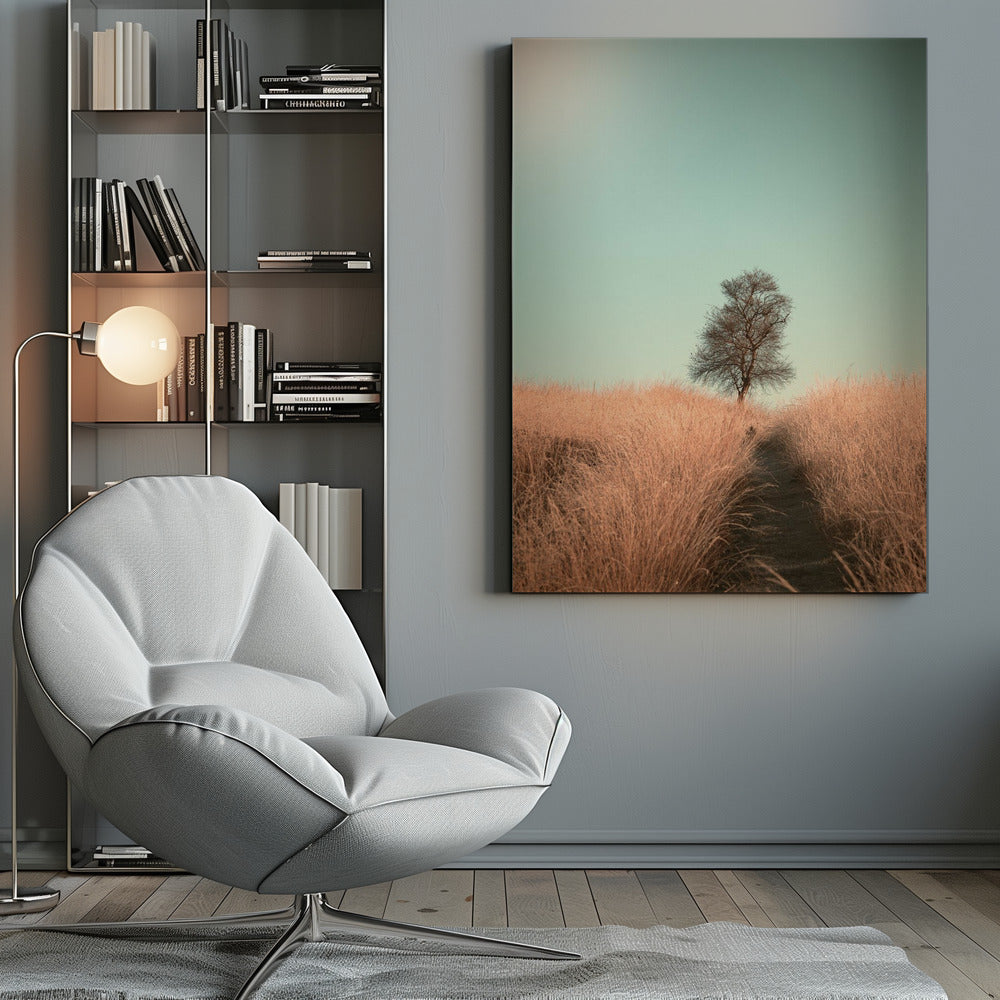 A minimalist photograph of a single bare tree standing alone on a gentle slope in a field of golden, dried grass under a clear, pale teal sky. A narrow path winds its way through the tall grass toward the tree. Print