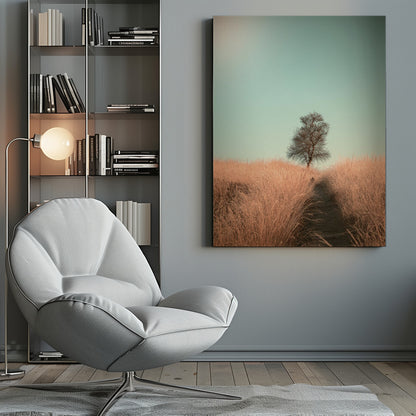 A minimalist photograph of a single bare tree standing alone on a gentle slope in a field of golden, dried grass under a clear, pale teal sky. A narrow path winds its way through the tall grass toward the tree. Print