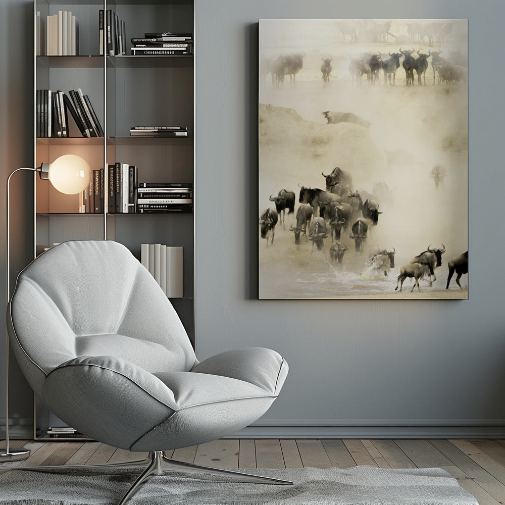 A hazy, sepia-toned photograph depicting the great wildebeest migration. A large herd is seen crossing a river, kicking up dust and water, creating a dynamic and atmospheric scene of wildlife in motion. Artwork