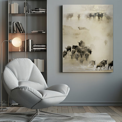 A hazy, sepia-toned photograph depicting the great wildebeest migration. A large herd is seen crossing a river, kicking up dust and water, creating a dynamic and atmospheric scene of wildlife in motion. Artwork