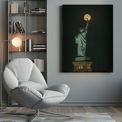 A striking night photograph of the Statue of Liberty, where a large, full yellow moon is perfectly aligned behind the torch, creating the illusion that the statue is holding up the moon. Artwork