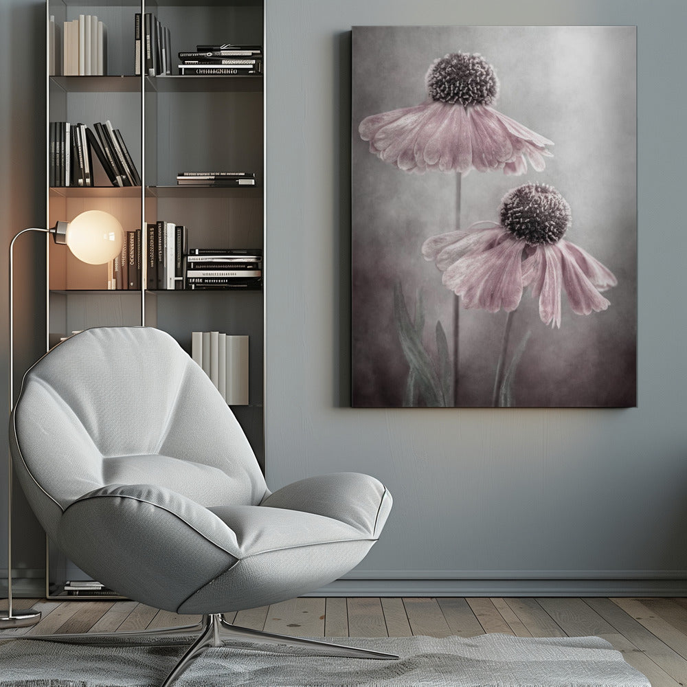 A soft-focus, artistic photograph of two delicate pink flowers with dark, textured centers and drooping petals against a muted, mottled grey background. Print