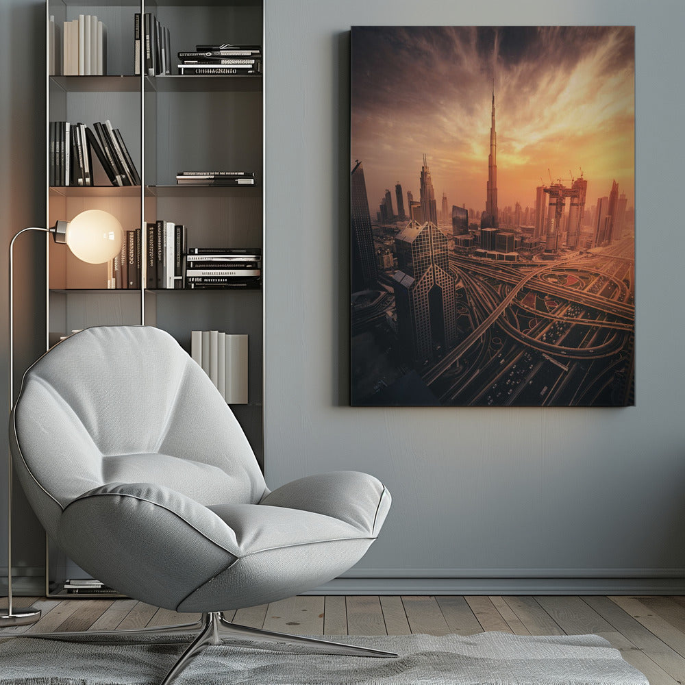 A dramatic high-angle photograph of the Dubai skyline at sunset. The Burj Khalifa stands tall in the center, bathed in the warm light of the setting sun, while a complex network of highways and interchanges weaves between modern skyscrapers in the foreground under a cloudy, orange-tinted sky. Poster