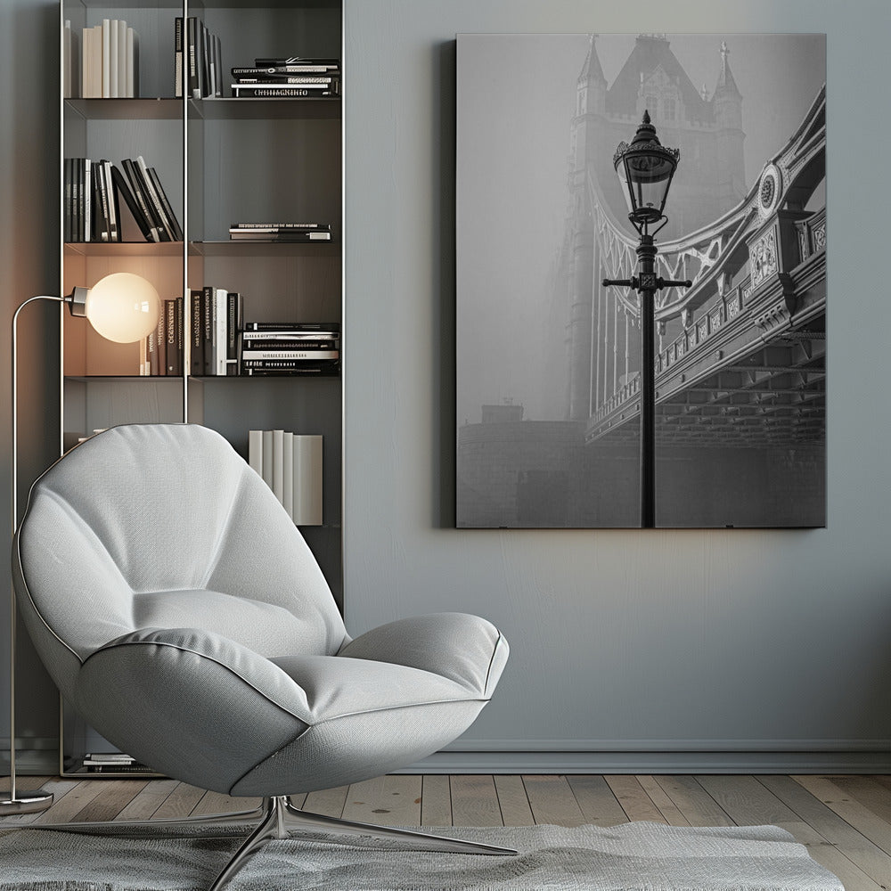 An art print or poster titled 'A bridge too far', likely depicting a scene or theme related to the historical World War II operation or the classic war film. Decor