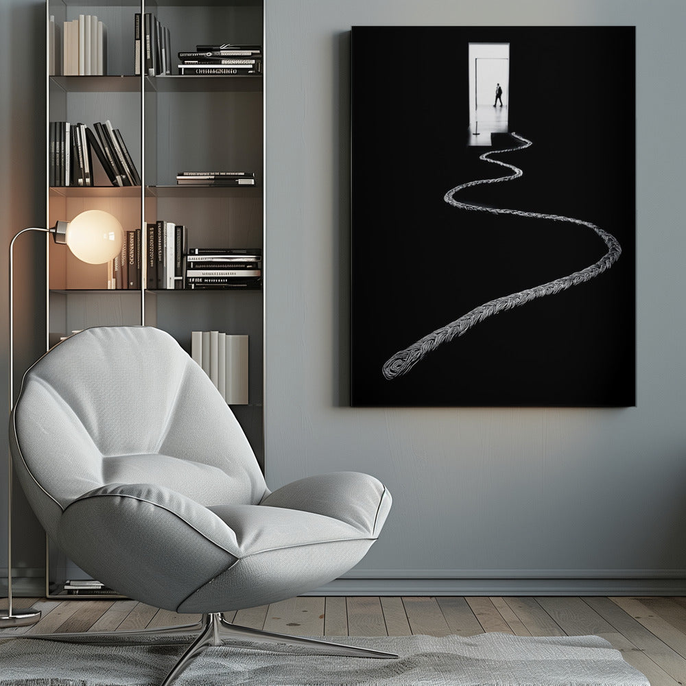 A high-contrast, black and white photograph of a thick, silver, braided rope winding across a black floor, leading towards a brightly lit doorway in the distance where a silhouetted man is walking away. Wall Art