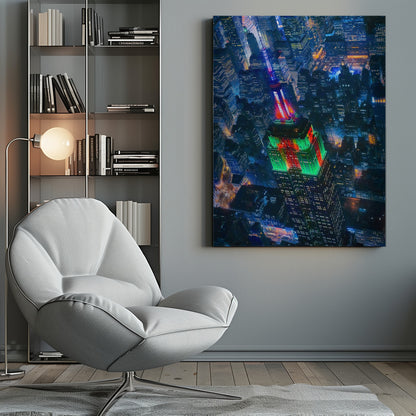 A dramatic high-angle aerial view of the Empire State Building at night, illuminated in festive red and green lights. The surrounding New York City skyline is a dense grid of skyscrapers glowing with blue and white lights, creating a vibrant, sprawling cityscape. Poster