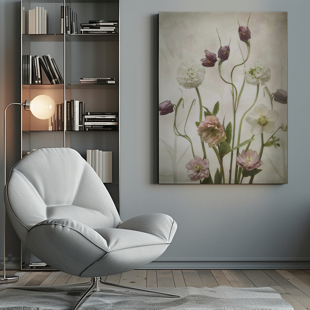 A vintage-style botanical illustration of various flowers against a textured, off-white background. The composition includes purple checkered fritillaries on long, winding stems, fluffy white drumstick primulas, and delicate pink and white hellebores. Poster