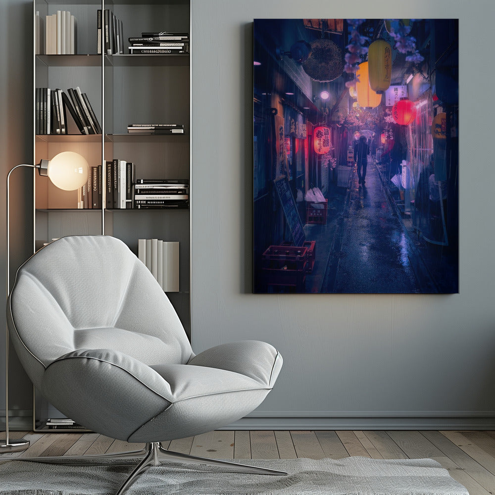 A lone figure walks down a narrow, rain-slicked Japanese alley at night. Colorful paper lanterns hang overhead, casting warm orange and red light that reflects on the wet ground, contrasting with the cool blue tones of the evening. Wall Art