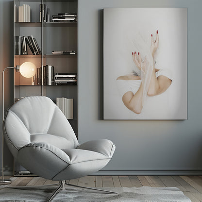 A minimalist photograph of a person in a white t-shirt against a white background, their face hidden by a sheer white veil. Their hands, adorned with bright red nail polish, frame the veiled face in an expressive pose. Wall Art