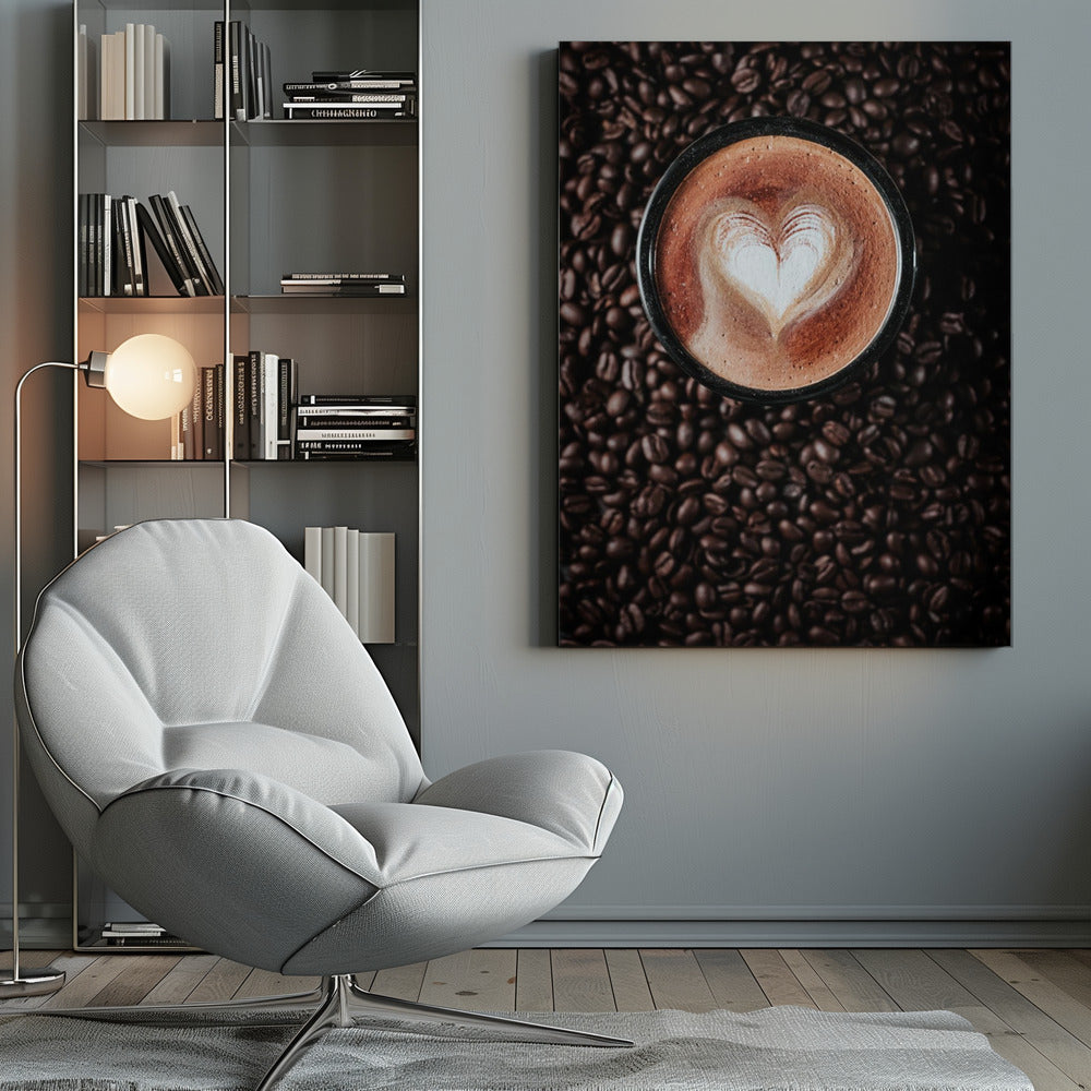 A top-down view of a cappuccino in a black mug with a white heart-shaped foam art design, placed on a bed of dark roasted coffee beans. Artwork