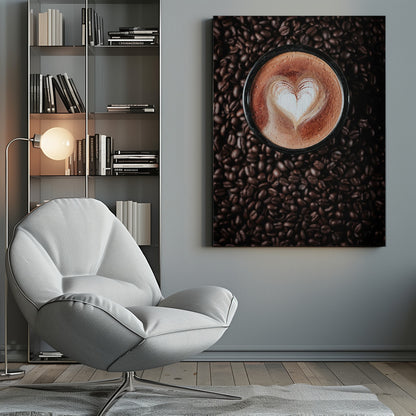 A top-down view of a cappuccino in a black mug with a white heart-shaped foam art design, placed on a bed of dark roasted coffee beans. Artwork