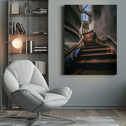 A low-angle view up a dark, winding wooden staircase inside a building with surreal, organic architecture. A person in a dark coat is walking up the stairs towards uniquely shaped windows that show a blue sky, contrasting with the dimly lit, textured gray walls. Print