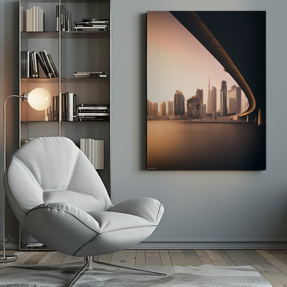 A view of the Dubai skyline, including the Burj Khalifa, framed by the sweeping curve of a bridge in the foreground. The city is bathed in the warm, soft light of a sunrise or sunset, with its reflection visible on the calm water below. Decor