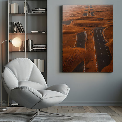 An aerial view of a multi-lane, black asphalt road being consumed by vast, rolling sand dunes of a deep orange color. The sand covers sections of the road, creating a surreal pattern of man-made lines and natural, windswept textures. Print