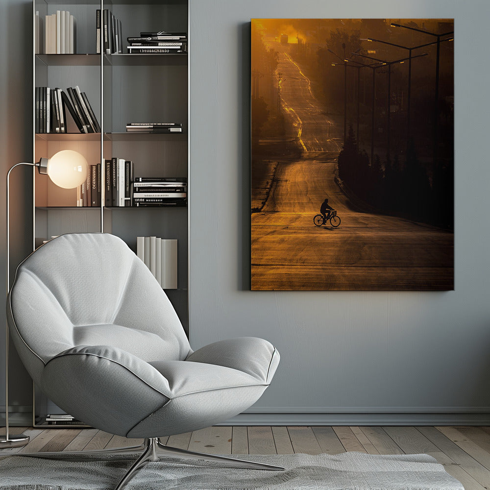 A silhouette of a person riding a bicycle across a wide, winding road illuminated by the warm, golden light of a sunrise or sunset. The road stretches uphill into the distance, and tall streetlights stand in shadow on the right. Artwork