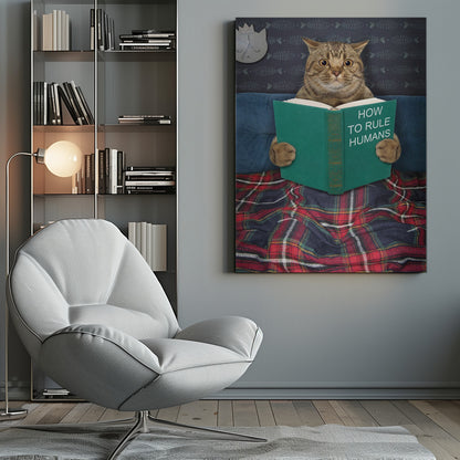 A humorous picture of a brown tabby cat sitting up in bed, intently reading a green book titled 'How To Rule Humans.' The cat is tucked under a red and blue plaid blanket, against a blue headboard with fishbone-patterned wallpaper and a cat-shaped clock in the background. Print