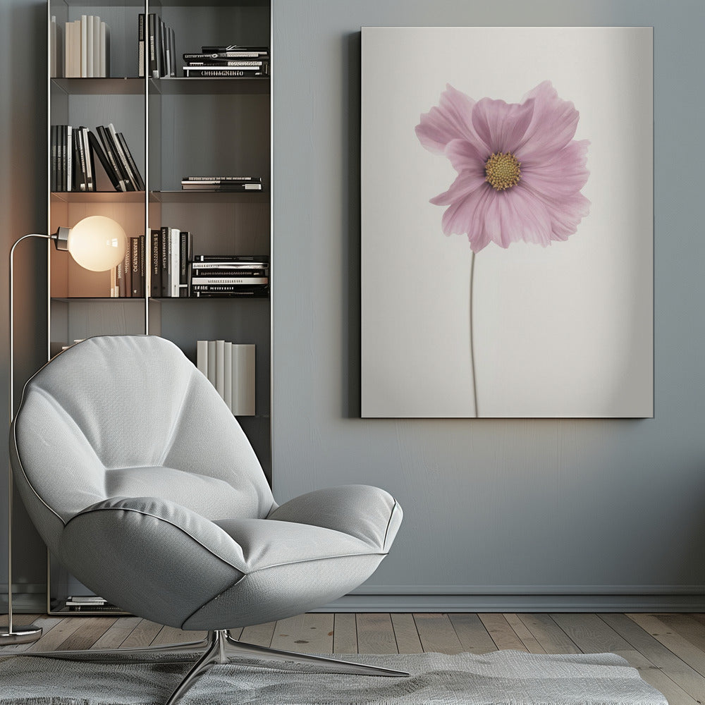 A minimalist framed photograph of a single pink cosmos flower with a yellow center and a long, thin stem, set against a stark, off-white background. Artwork