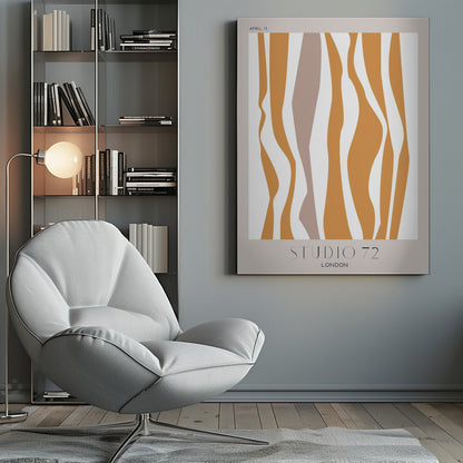 A modern abstract art print in a black frame, featuring wavy vertical stripes in mustard orange and muted mauve against an off-white background. The print has a light beige border with 'APRIL 15' at the top and 'STUDIO 72 LONDON' at the bottom. Artwork